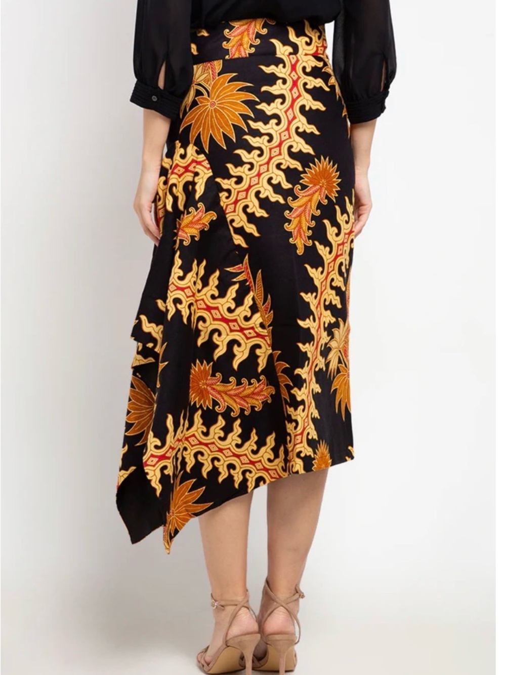 NWT Batik First Asymmetric Black Floral-Print Midi Skirt Yellow & Orange Small - Picture 2 of 14